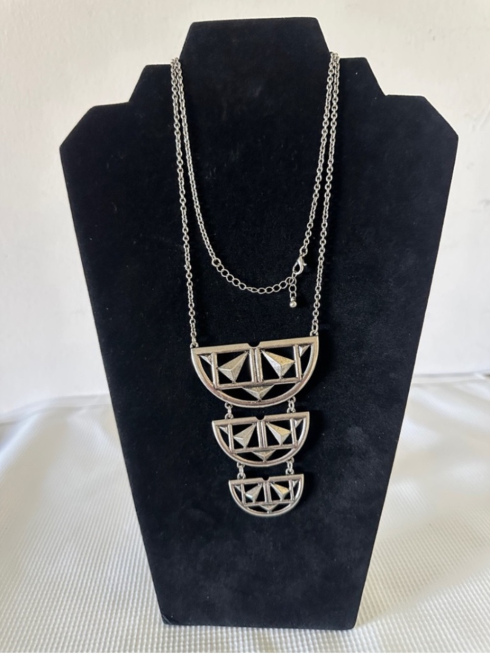 Silver Geometric Triple-Pendant Necklace